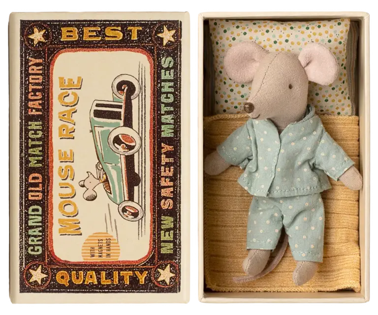 Maileg Little Brother Mouse in Matchbox- Blue Pajamas