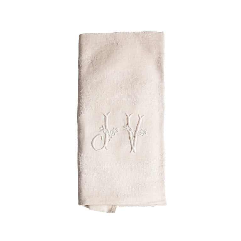 Antique French Monogrammed Dinner Napkin, Cream