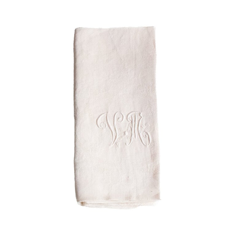 Antique French Monogrammed Dinner Napkin, Cream