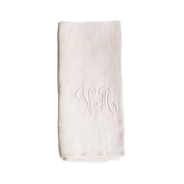 Antique French Monogrammed Dinner Napkin, Cream