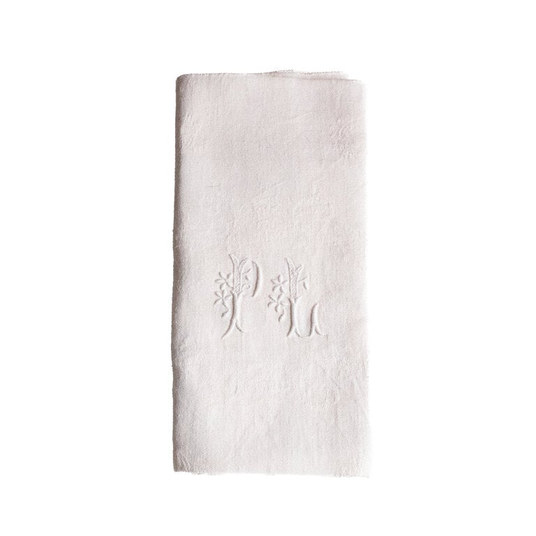 Antique French Monogrammed Dinner Napkin, Cream