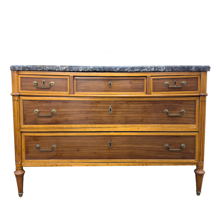 Louis XVI Style Five-Drawer Dresser with Black & Grey Marble Top