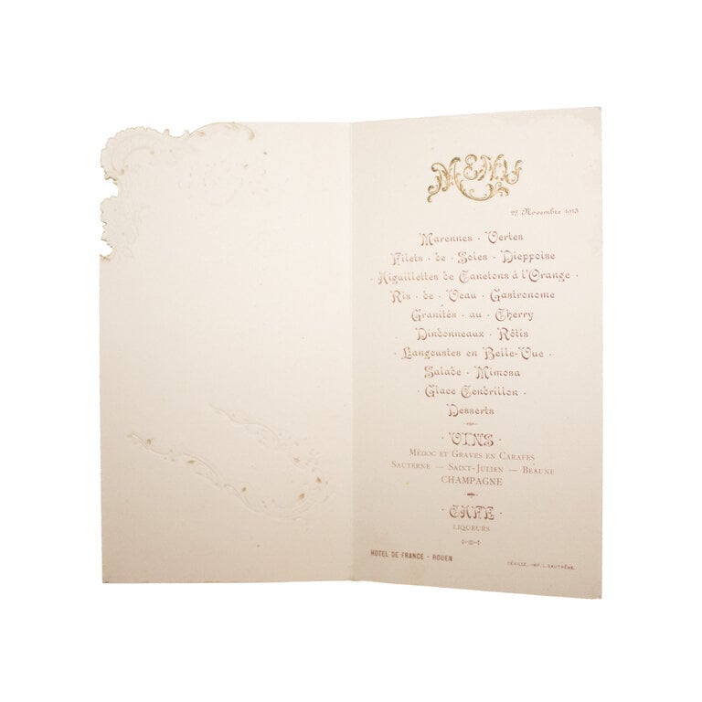 Antique French Hotel Menu, 1913