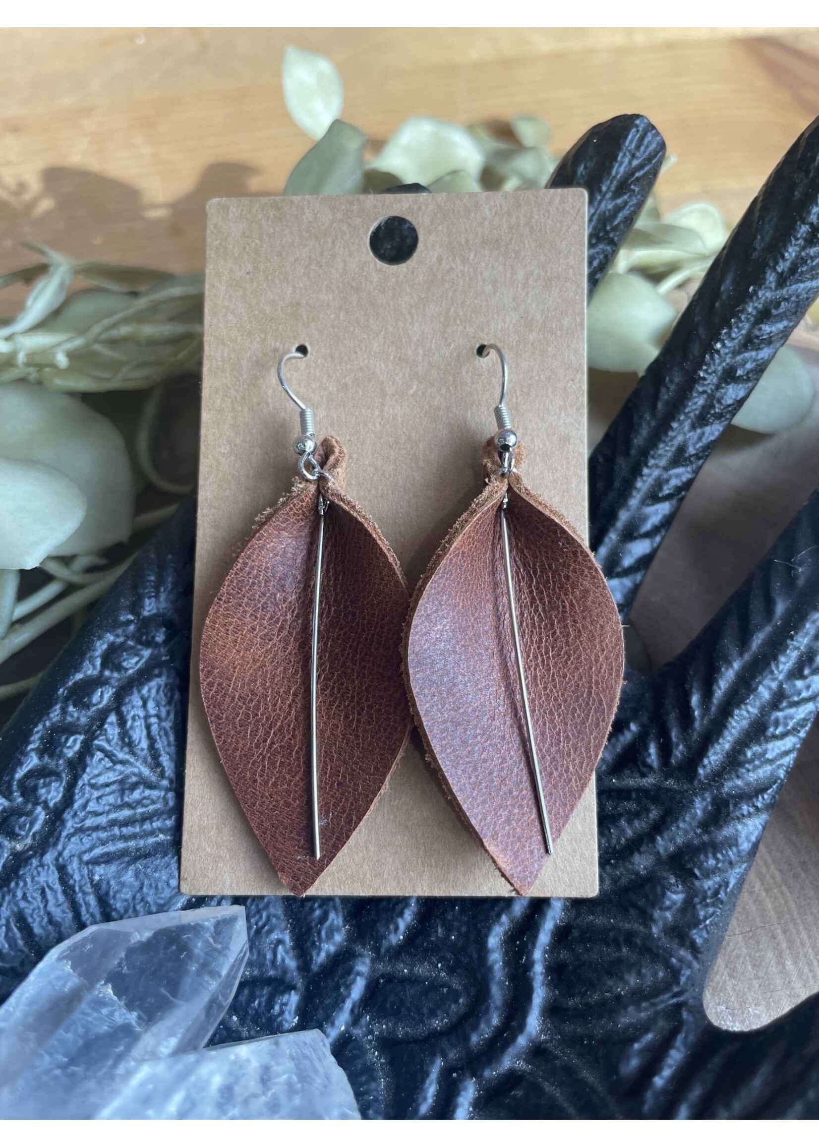 Melissa Sue Leather Leaf Shape Earrings