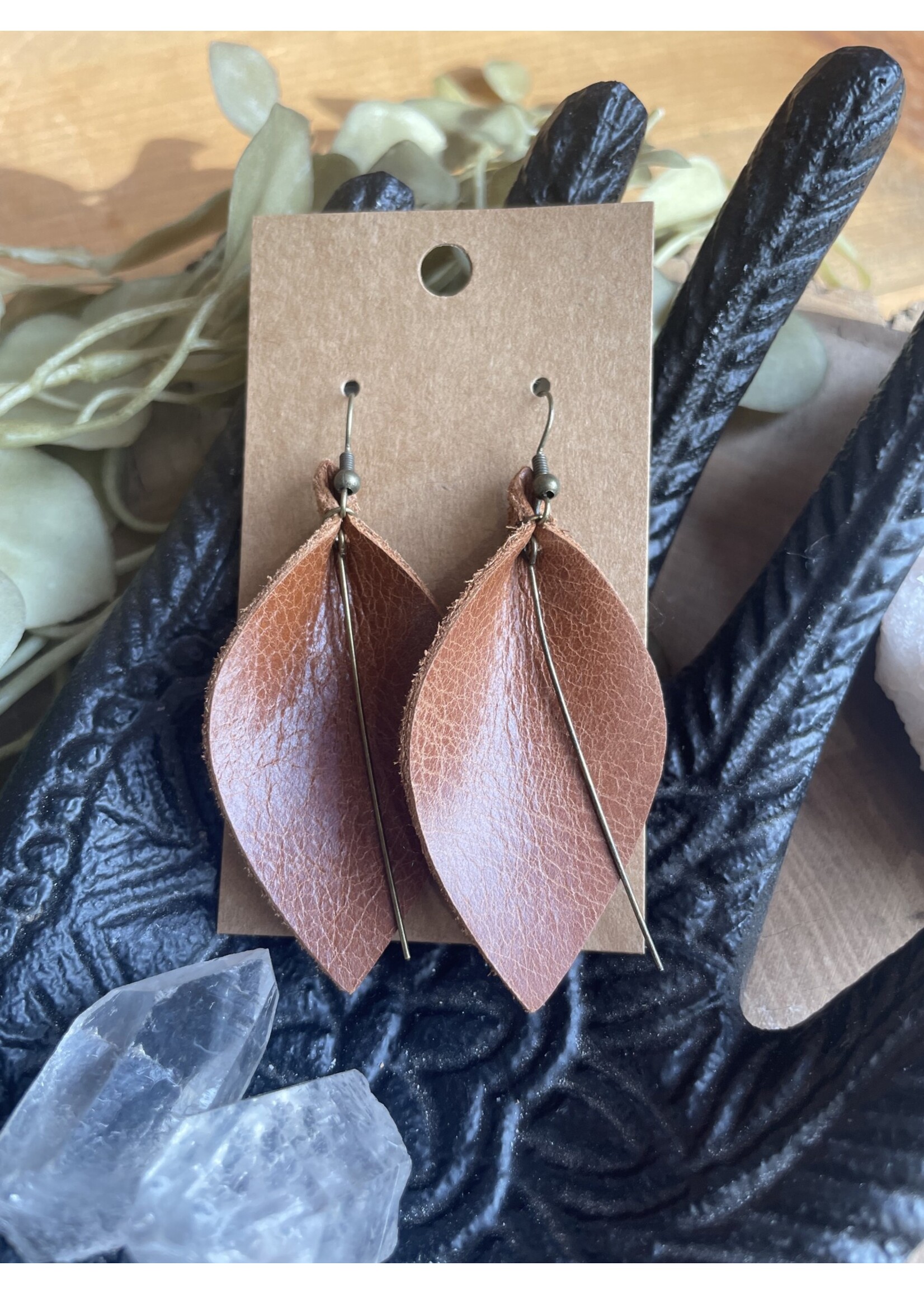 Melissa Sue Leather Leaf Shape Earrings