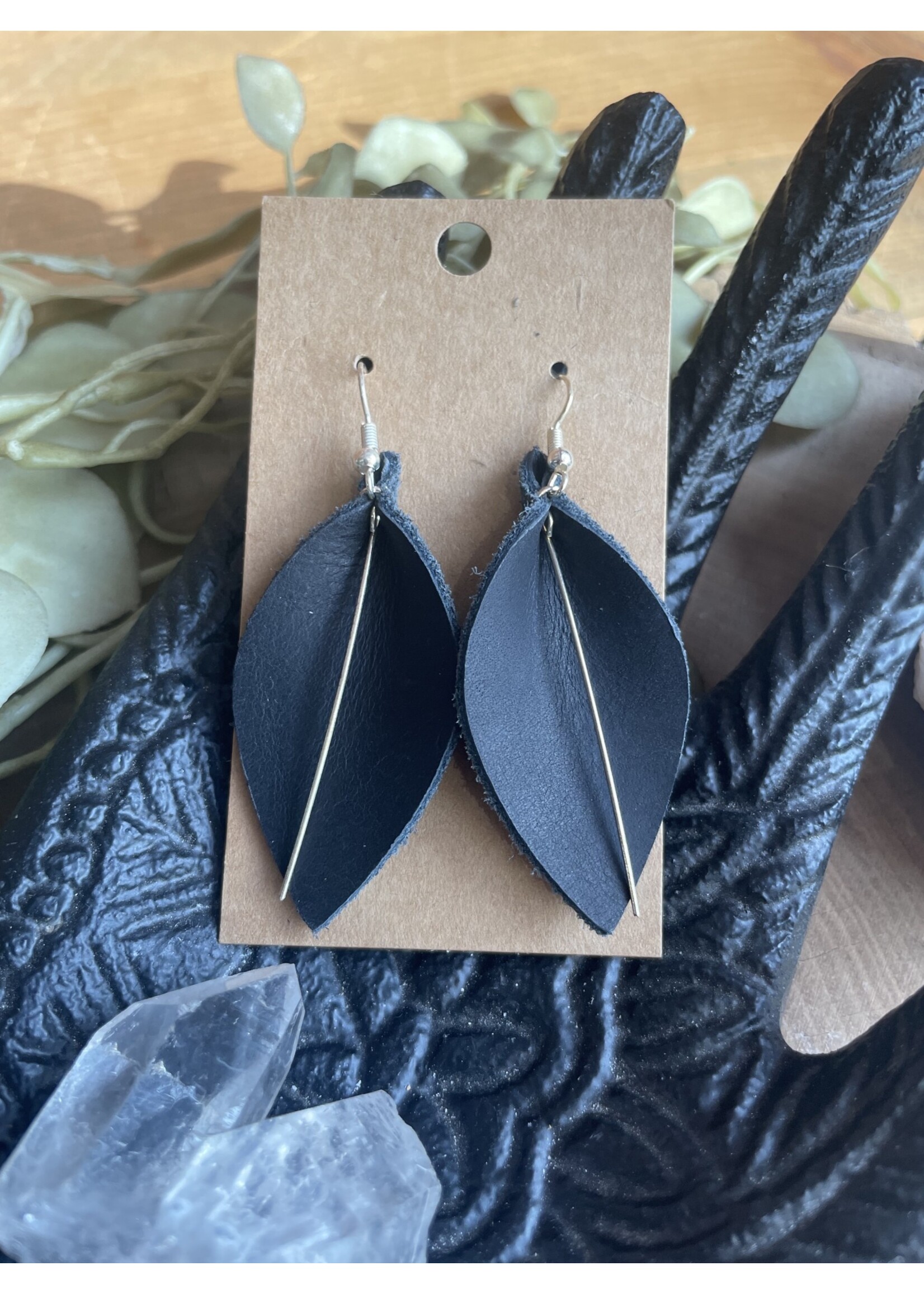 Melissa Sue Leather Leaf Shape Earrings