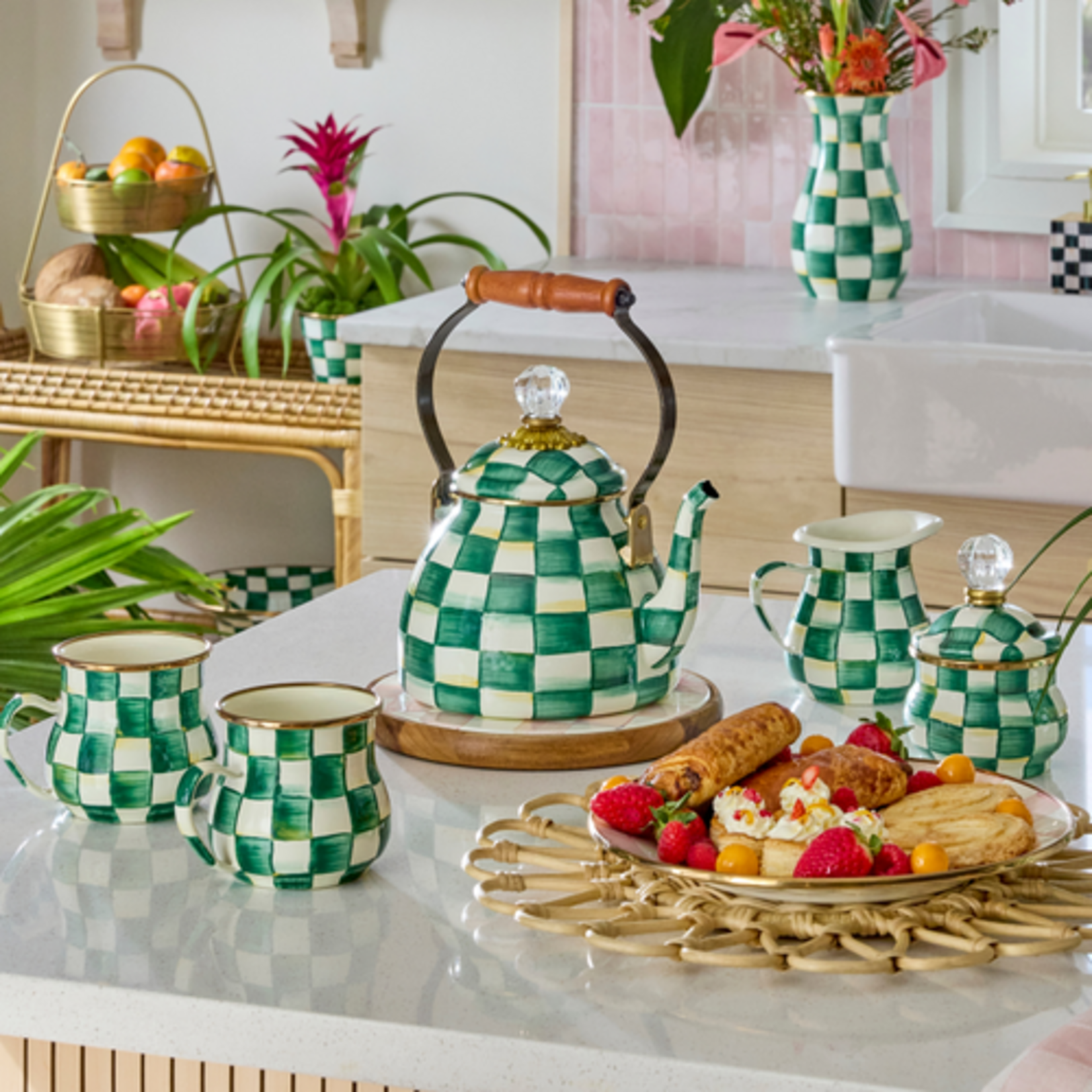 MacKenzie-Childs emerald check 2 quart tea kettle