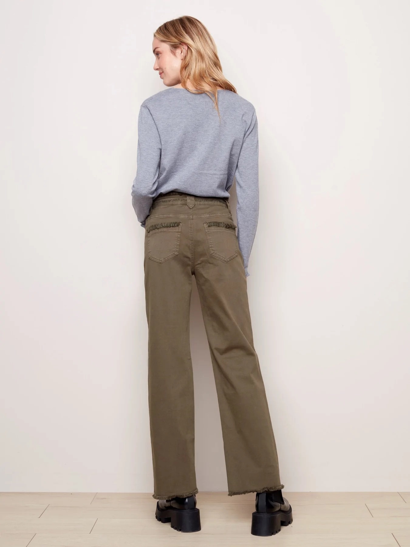 Wide Leg Twill Pants with Fringe Details-4