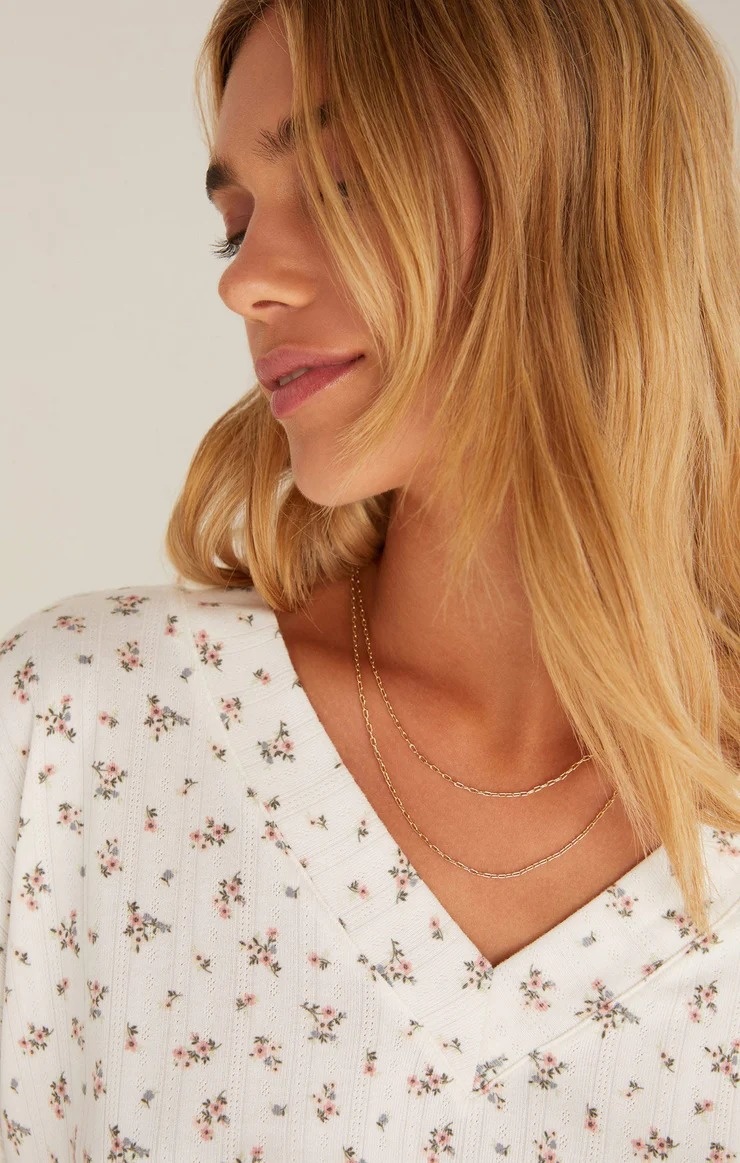 Ditsy Floral Silky Pointelle V-Neck Top-4