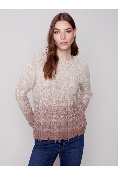 Ombré Cable Knit Sweater With Frayed Hem