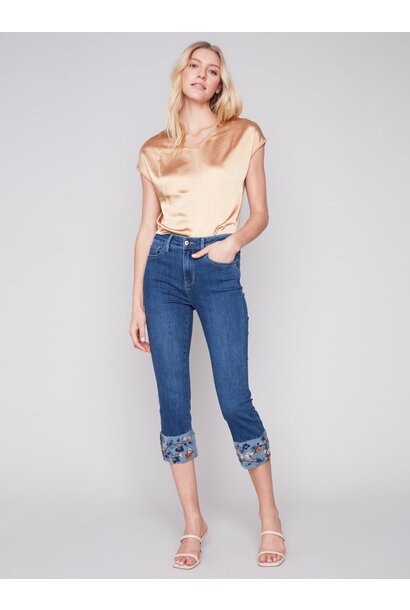 Cropped Jeans with Embroidered Cuff