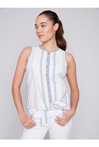 Sleeveless Button Front Top With Front Tie