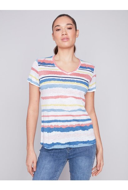Striped V-Neck Linen T-Shirt