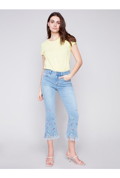 Cropped Jeans with Embroidered Fringed Hem