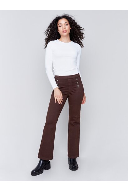 Pull-On Flare Twill Pants with Front Buttons
