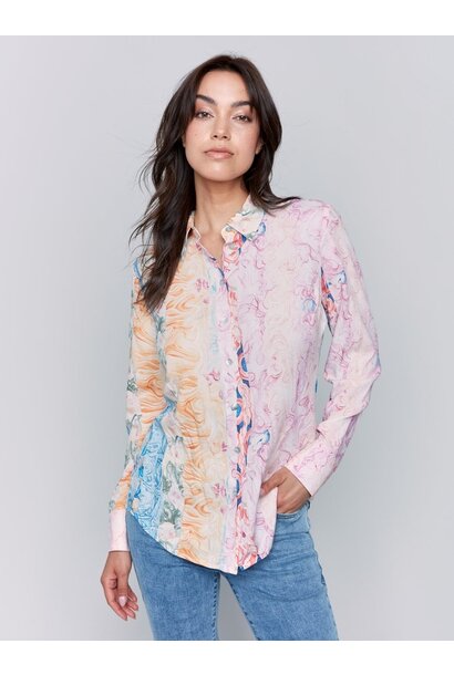 Printed Long Sleeve Button-Up Blouse