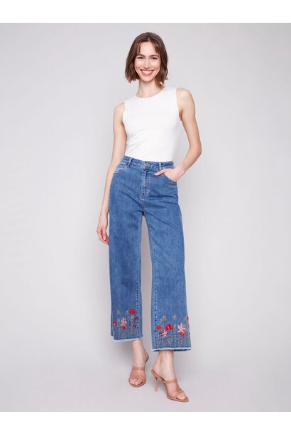 Wide Leg Jeans with Floral Embroidered Hem