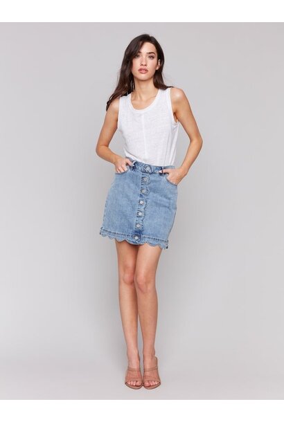 Scalloped Hem Button-Front Denim Skort