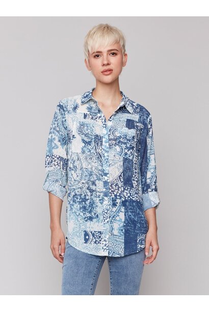 Printed Crinkle Button-Front Blouse