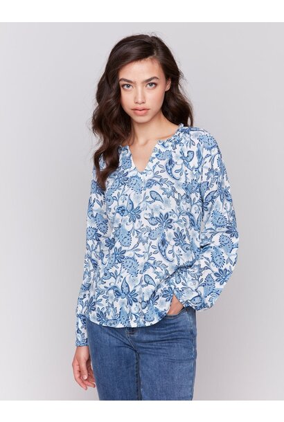 Printed Viscose Long Sleeve Popover Blouse
