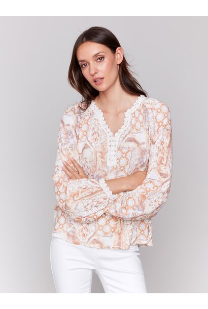 Printed Raglan Blouse with V-Notch Neckline