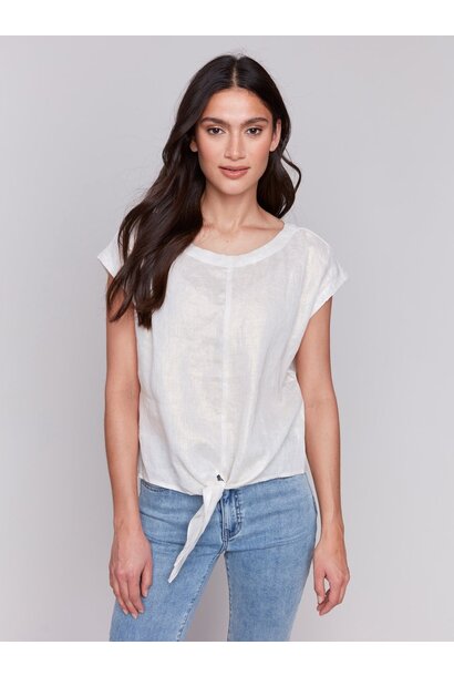 Foiled Linen Blend Tie-Front Blouse