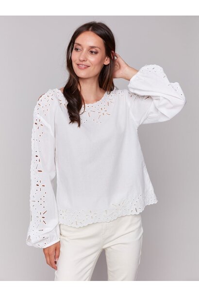 Eyelet Cotton Long Sleeve Blouse