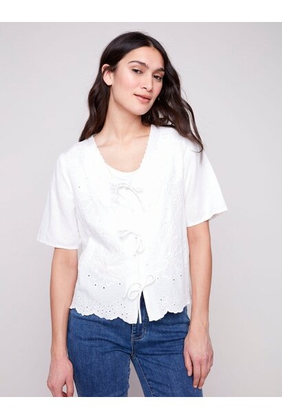 Eyelet Embroidery V-Neck Blouse with Front Ties
