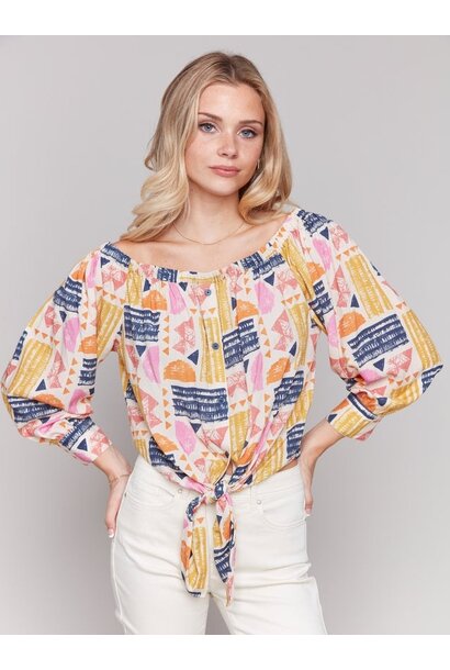 Off-The-Shoulder Printed Blouse with Front Tie