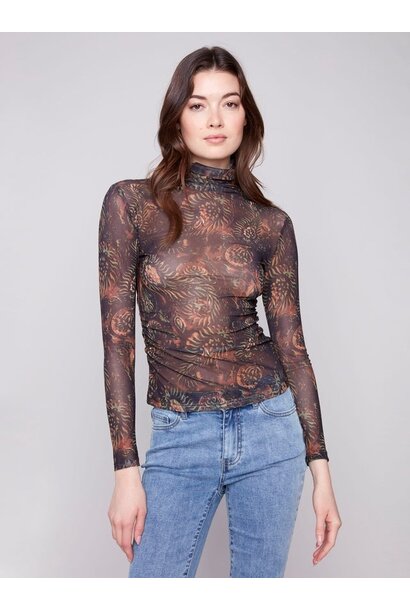 Printed Mock Neck Mesh Top