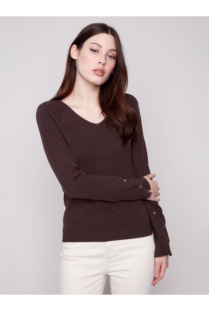 Ribbed V-Neck Sweater With Heart Rivets