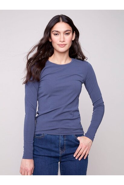 Cotton Blend Long Sleeve Crew Neck Top