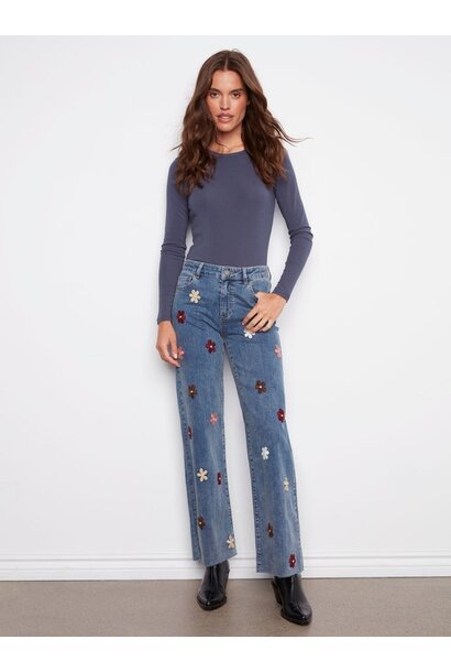 Wide Leg Jeans With Flower Patches