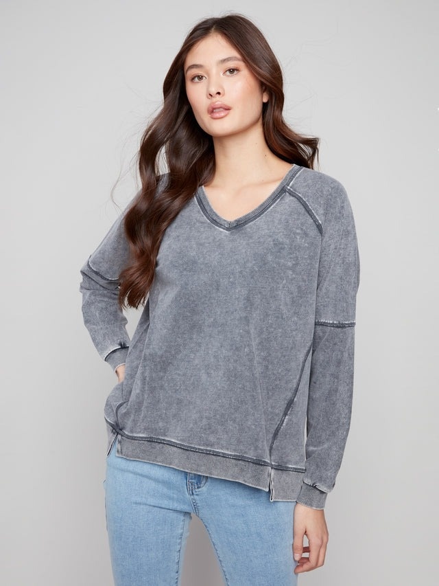 Cold Dye French Terry V-Neck Top-9