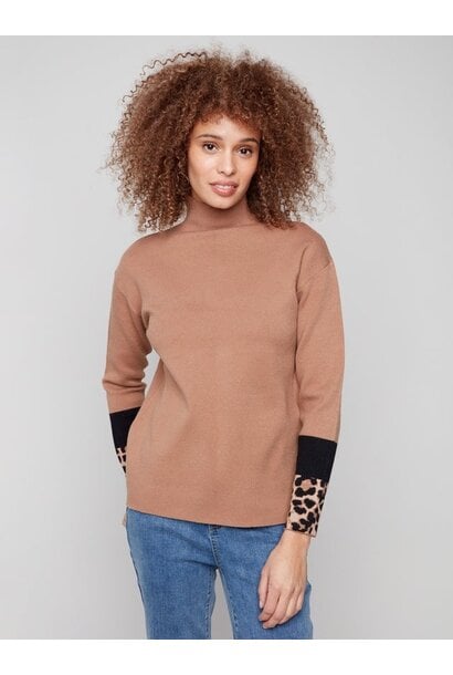 Funnel Sweater With Animal Print Sleeve Detail