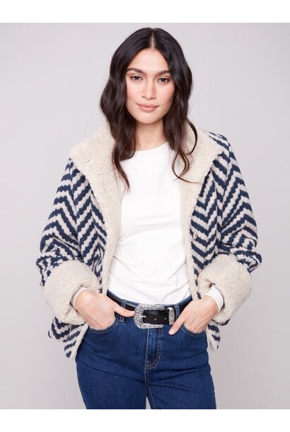 Chevron Bouclé Short Jacket With Sherpa Trim