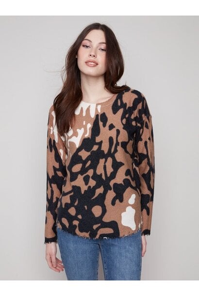 Reversible Printed Plush Sweater With Frayed Edges