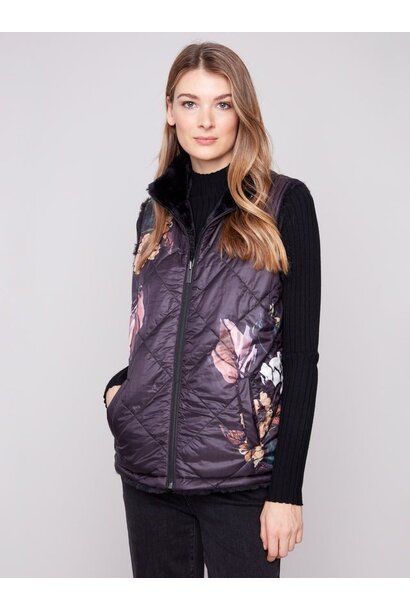 Printed Reversible Quilted Faux Fur Vest