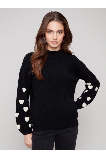 Mock Neck Sweater With Embroidered Hearts