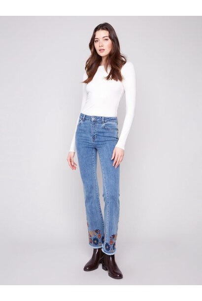 Flare Leg Jeans With Colorful Floral Embroidery