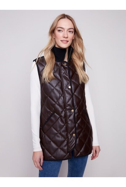 Long Quilted Faux Leather Vest