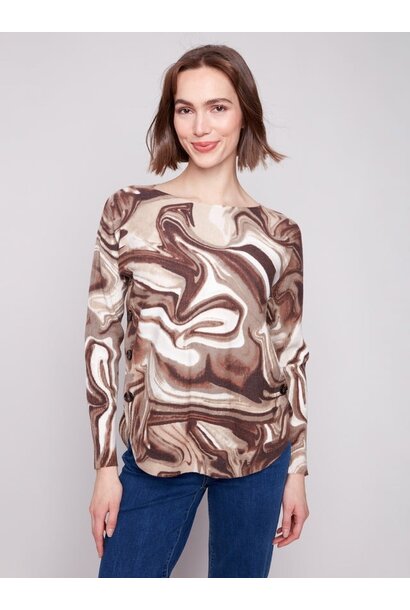 Printed Boat Neck Sweater With Side Buttons