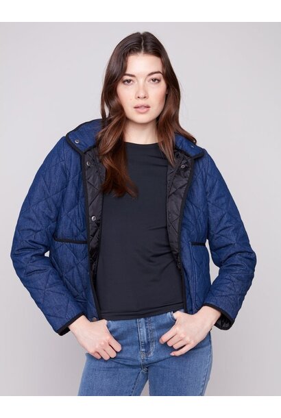 Denim Quilted Puffer Jacket With Removable Hood