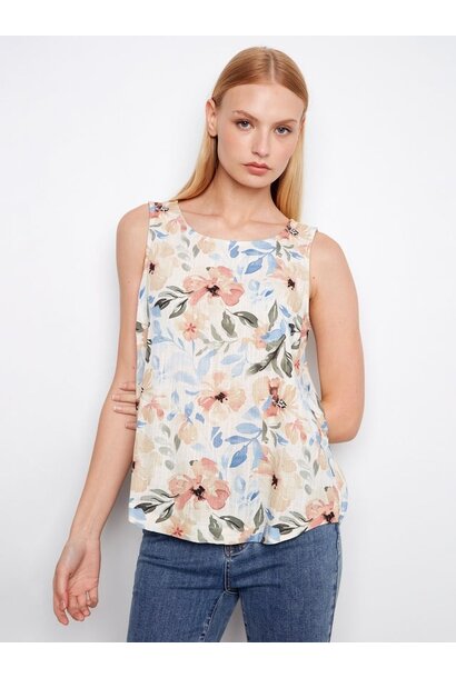 Printed Sleeveless Linen Blend Blouse
