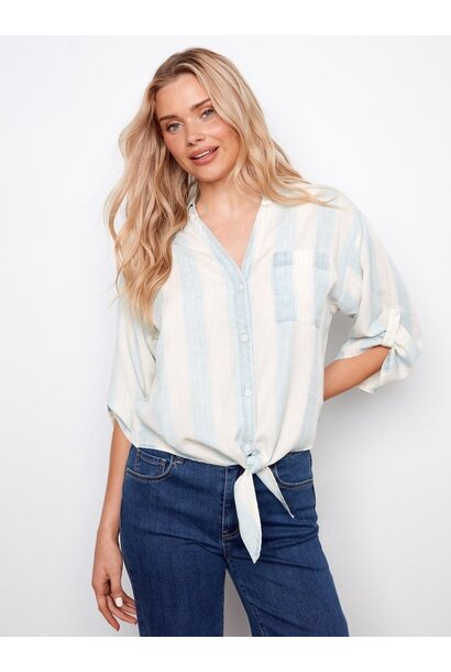 Striped Linen Blend Blouse With Front Tie