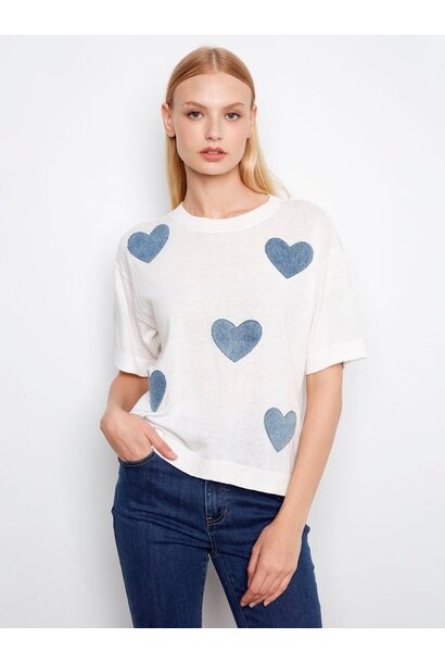 Short Sleeve Denim Hearts Sweater