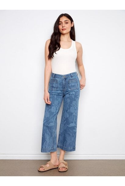 Printed Cropped Patch Pocket Flare Jeans