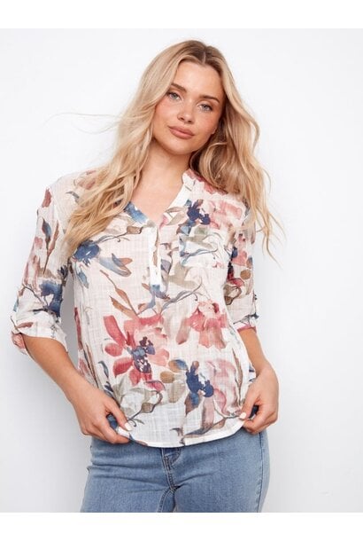 Printed Cotton Gauze Half-Button Blouse