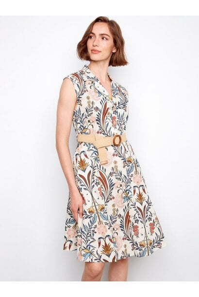 Printed Linen Cotton Dress With Straw Belt
