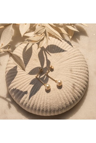 Gold Bar with Freshwater Pearl Dangle Stud Earrings